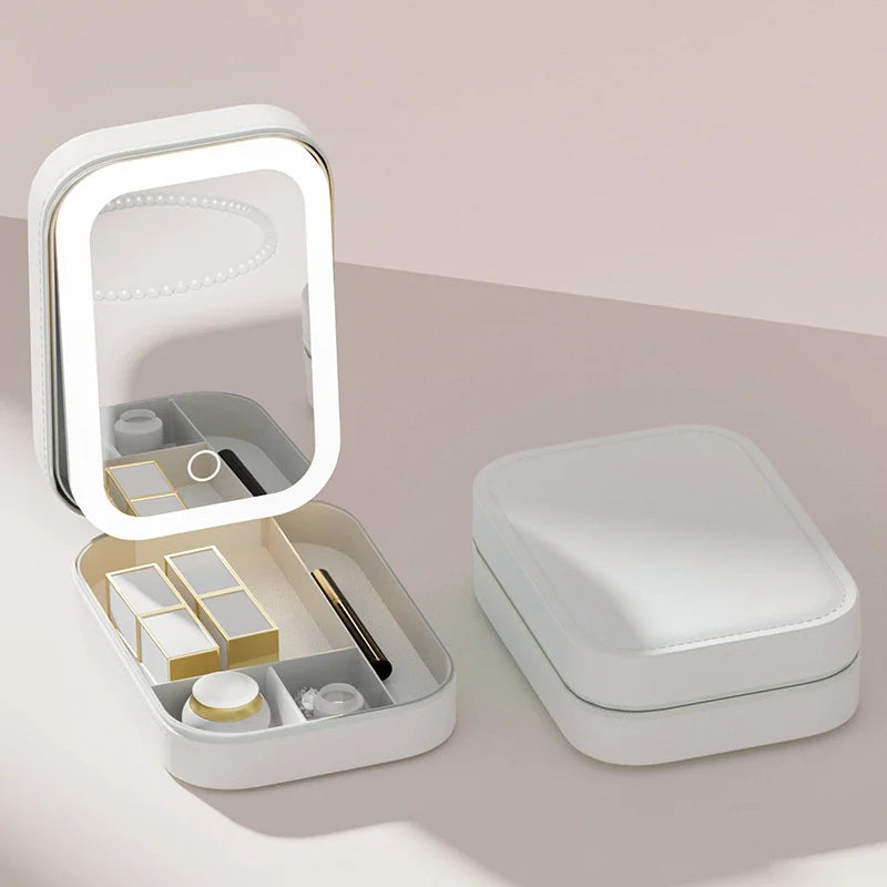 Travel Storage Box for Jewelry With Led Light Mirror